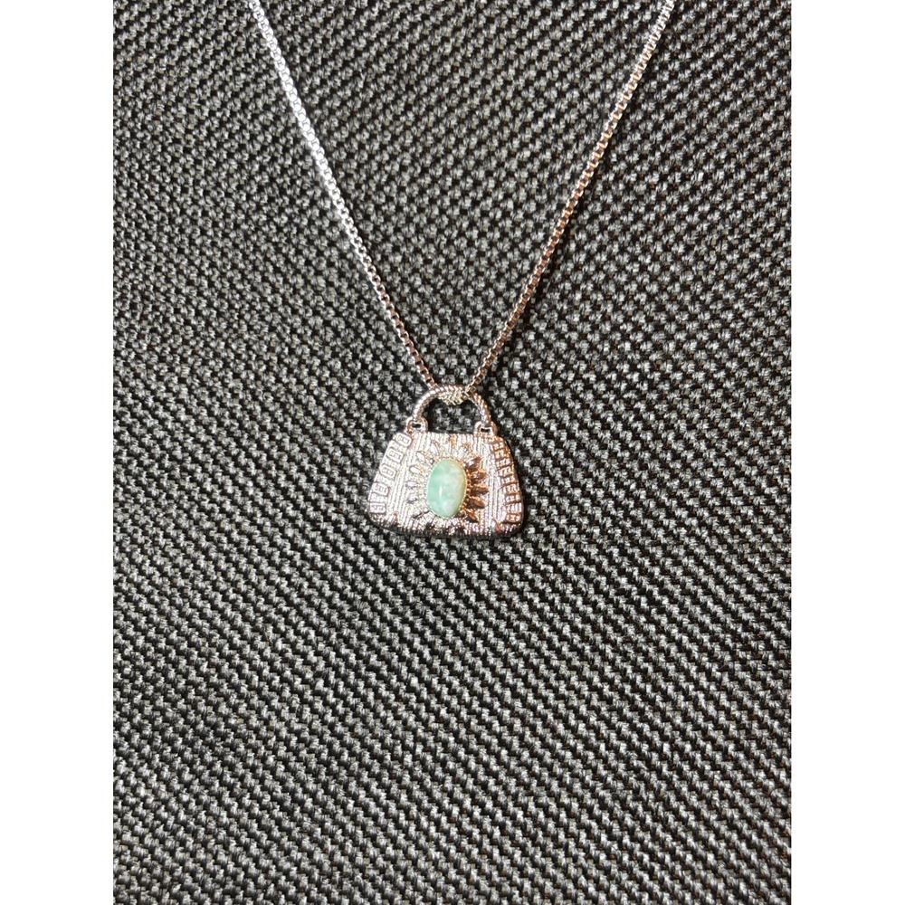 Stainless Steel Purse Pendant Necklace Green Stone Oval Cabochon Box Chain 22 In